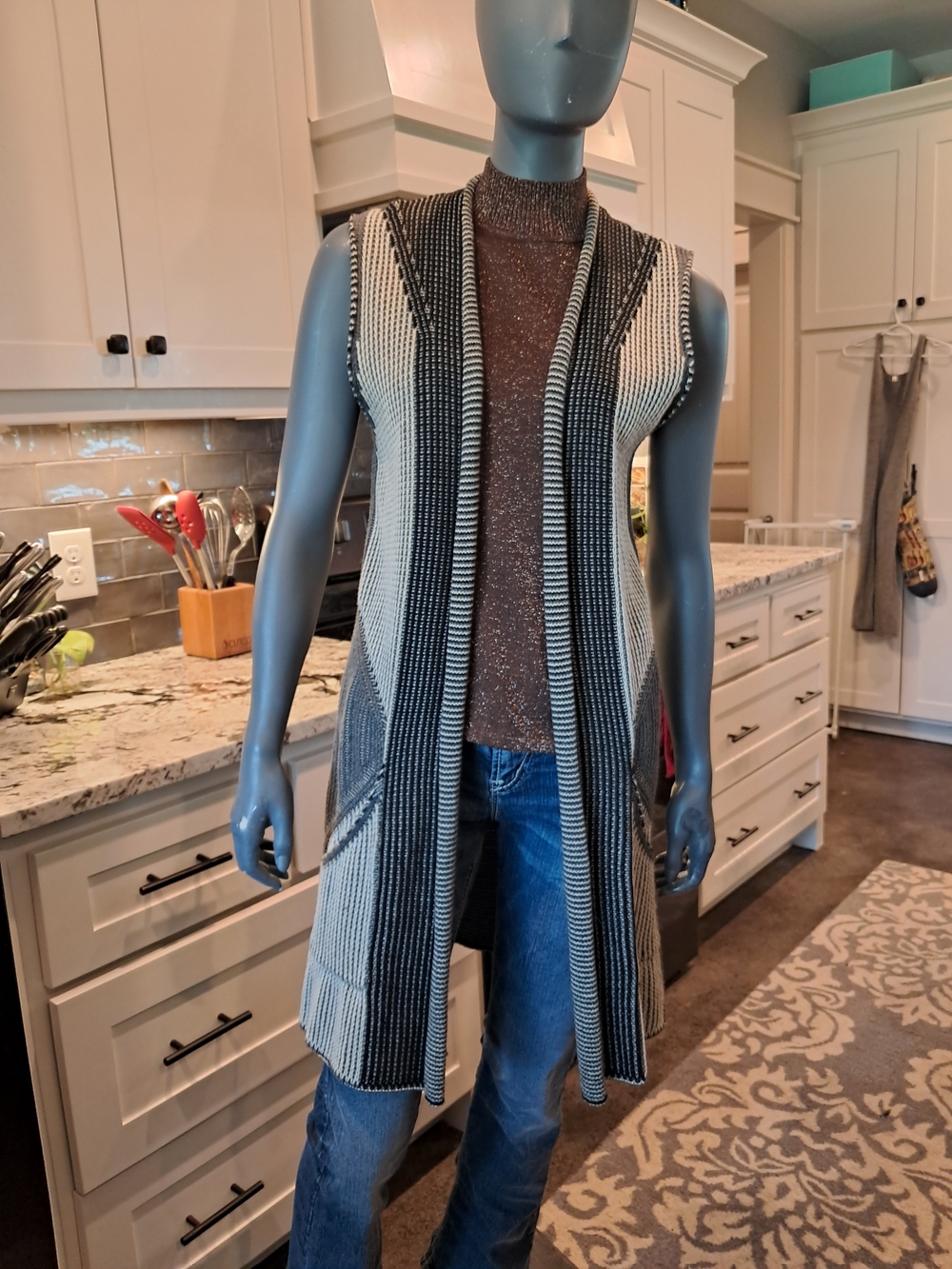 MSSP Black and Cream Striped Sleeveless Longline Cardigan